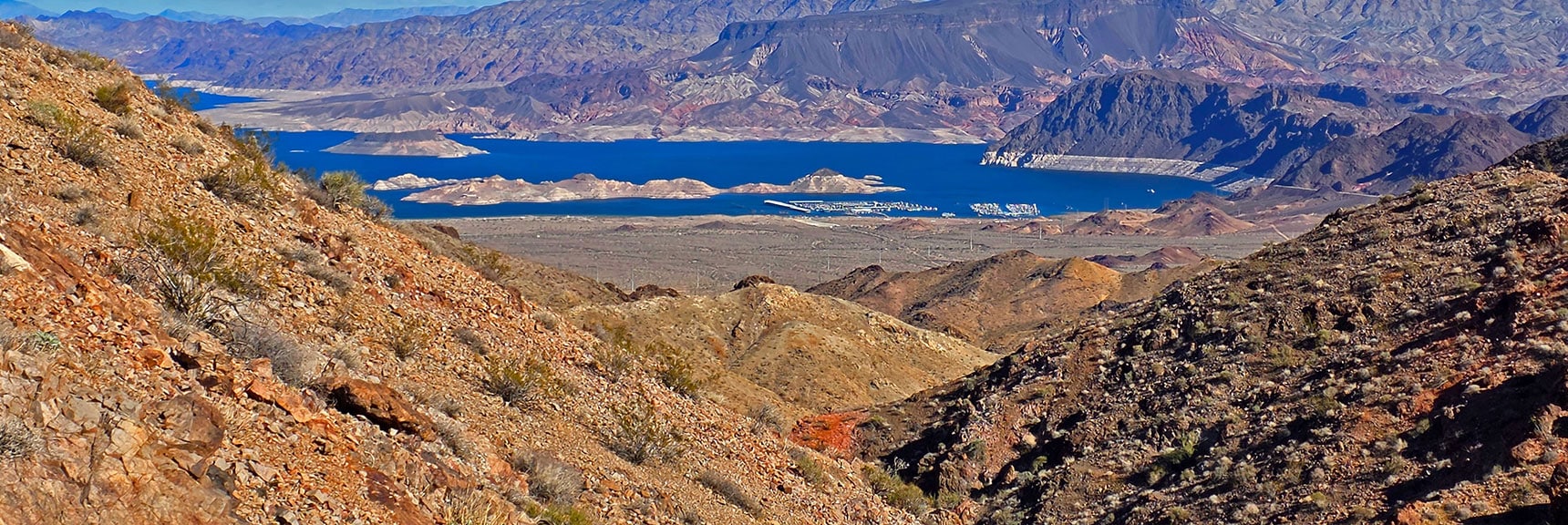 Continuing Down Return Gully. Boulder City Marina, Promontory Point Below | Boulder city Ridgeline | Lake Mead National Recreation Area, Nevada