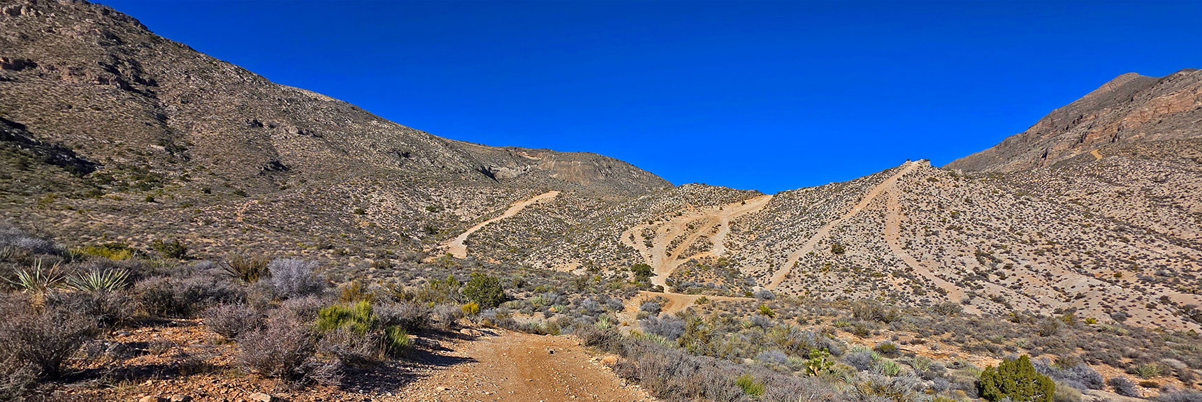 Look Back at Difficult Ridge Just Beyond Pass. Center Road is Best. | La Madre Ridge East Base Circuit | La Madre Mountains Wilderness, Nevada