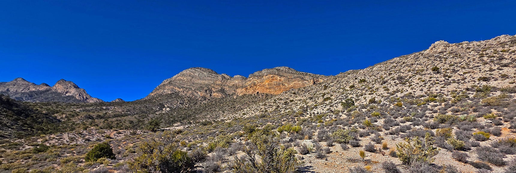 Will Explore Terrain at Base of Cliffs Near Saddle Opening. | La Madre Ridge East Base Circuit | La Madre Mountains Wilderness, Nevada
