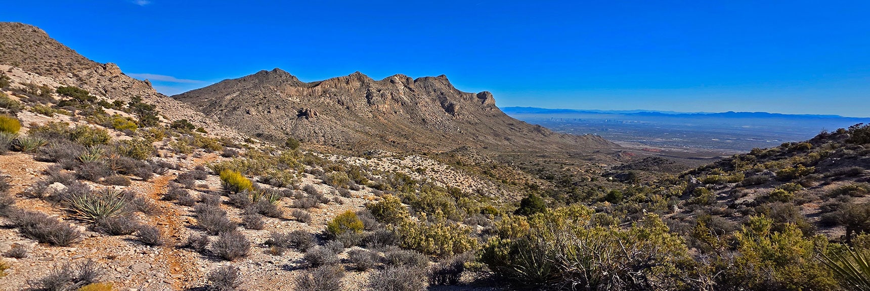 View Back to Gottlieb and Whale Peaks. Vegas Metro Area & Strip Beyond | La Madre Ridge East Base Circuit | La Madre Mountains Wilderness, Nevada