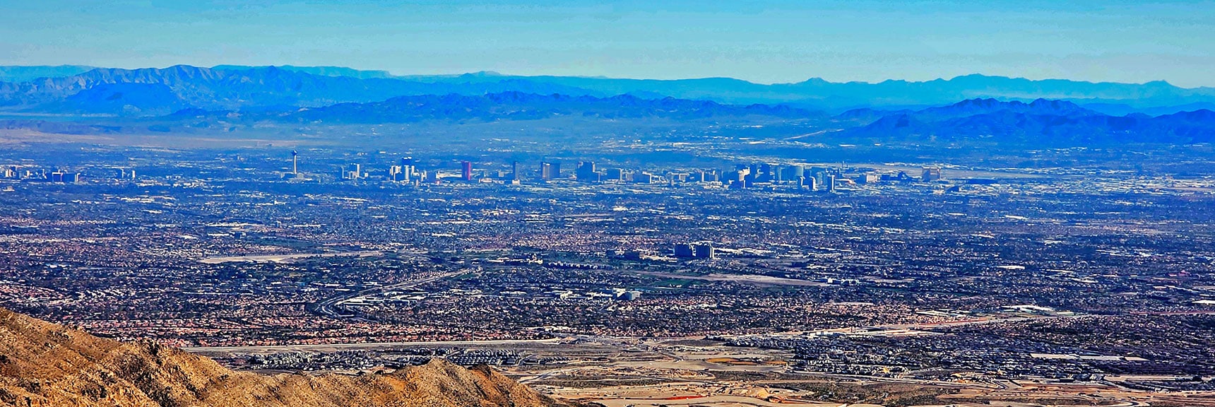 Vegas Strip in Full View Below. River Mts & N McCullough Hills Beyond | La Madre Ridge East Base Circuit | La Madre Mountains Wilderness, Nevada