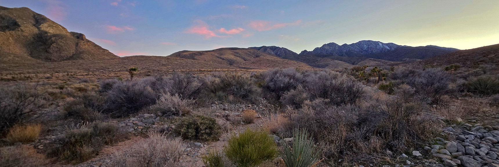 Sunset View Back Up La Madre Approach Valley from Near Starting Point. | La Madre Ridge East Base Circuit | La Madre Mountains Wilderness, Nevada
