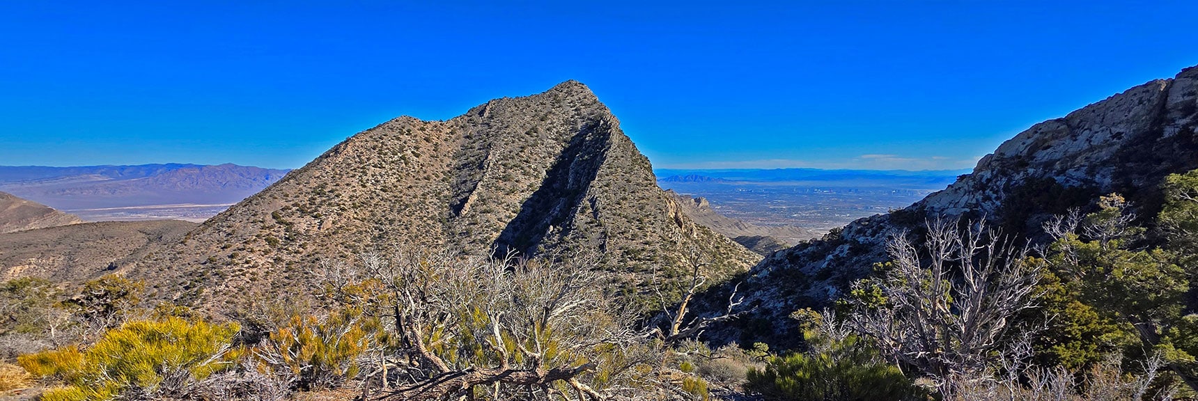 Now Focusing on Descending to Saddle, Rounding S and E Edge of Ridgeline | La Madre Ridgeline Eastern Grand Crossing Loop | La Madre Mountains Wilderness, Nevada