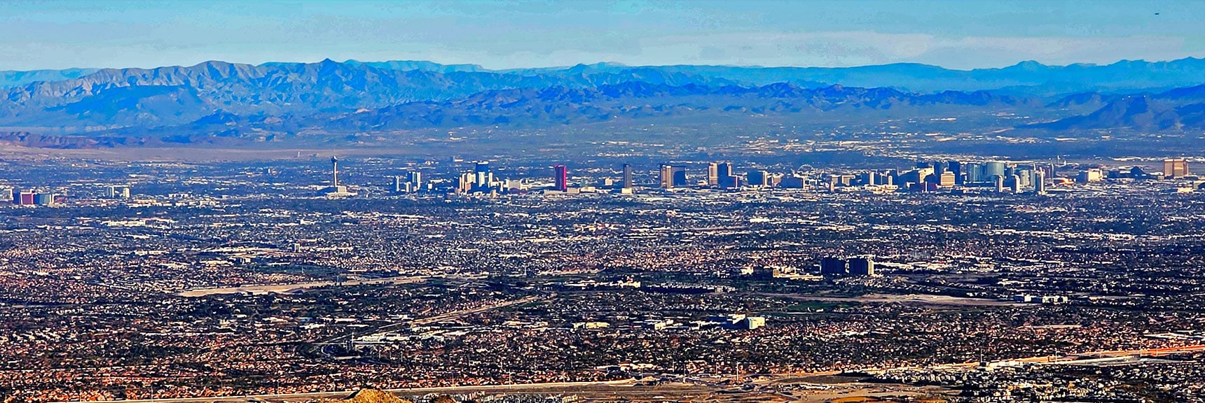Great Evening Views of the Strip, River Mountains in Background | La Madre Ridgeline Eastern Grand Crossing Loop | La Madre Mountains Wilderness, Nevada