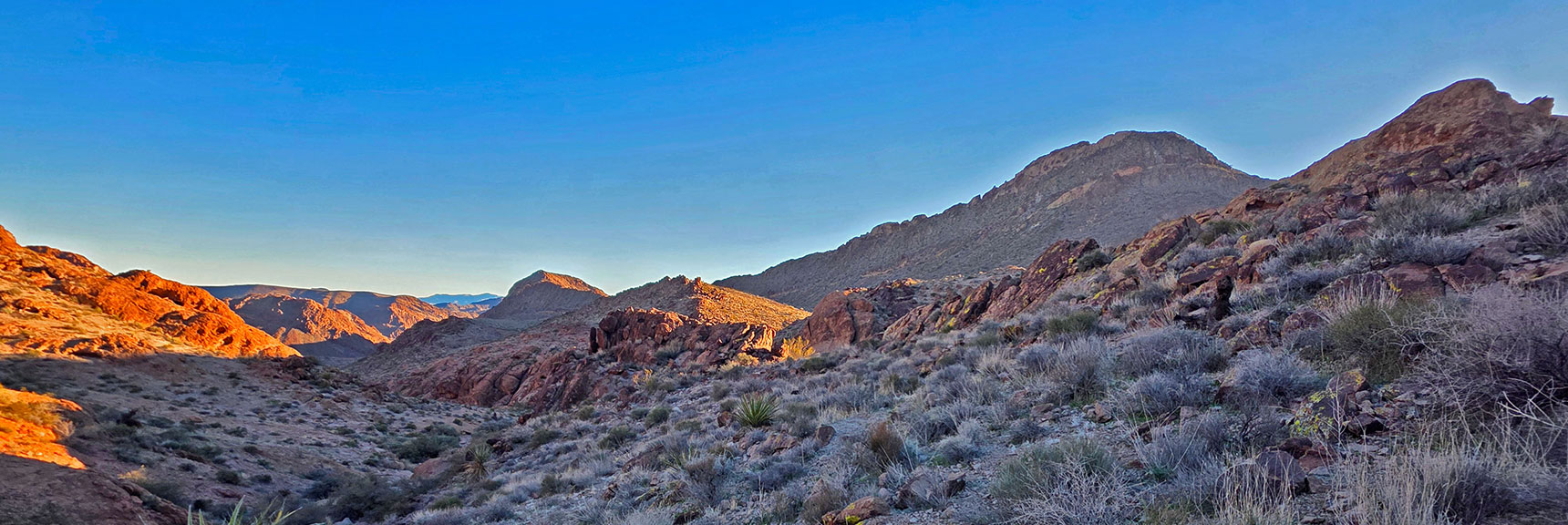 Will Skirt Base of Lonesome Peak, Highest Point on Right. | Lonesome Peak West Canyon Loop | Eldorado Wilderness, Nevada