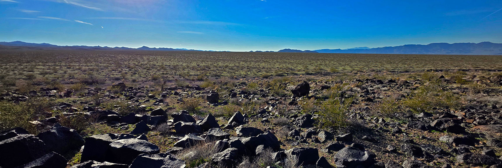 View Across Desert to Start Point in Foreground to Left Base of Far Ridgelines | Mohave Overlook | Eldorado Wilderness, Nevada