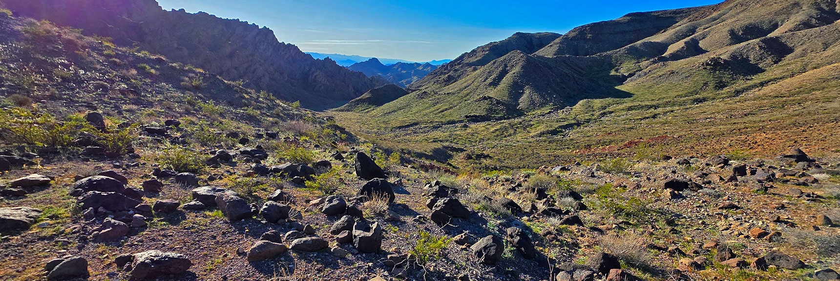 Upper Edge Looking Down Descent Gully. | Lonesome Wash to the Colorado River | Eldorado Wilderness, Nevada