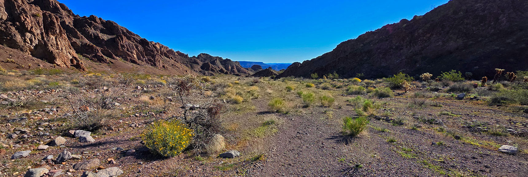 Further Down Wash Reveals View of Malpais Flattop Mesa in Arizona. | Lonesome Wash to the Colorado River | Eldorado Wilderness, Nevada