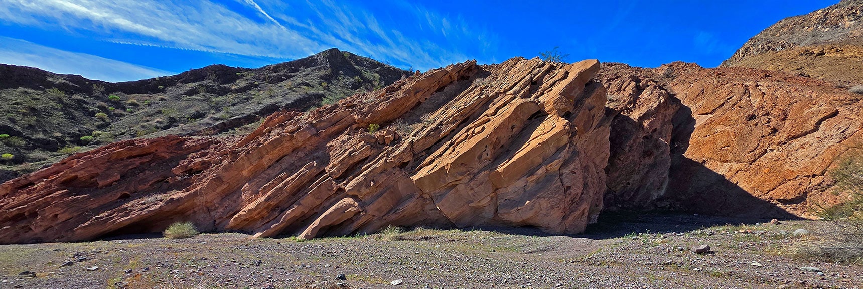 As Wash Narrows Near River, Note Tectonic Tilting of Rock Slabs. | Lonesome Wash to the Colorado River | Eldorado Wilderness, Nevada