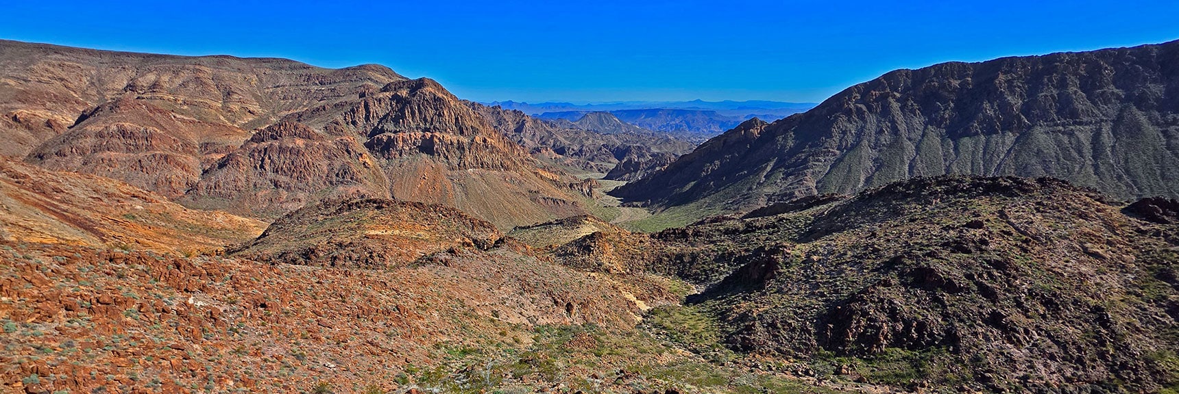 View Down Lonesome Wash. Peak 3510 (right), Overlook Mesa (left). | Lonesome Wash Upper Entrance | Eldorado Wilderness, Nevada