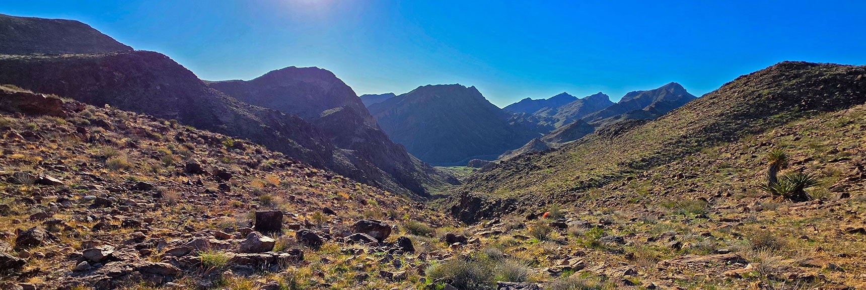 View Down Wash Entrance Channel. 1,000ft Drop to Base of Peak 3510. | Lonesome Wash Upper Entrance | Eldorado Wilderness, Nevada