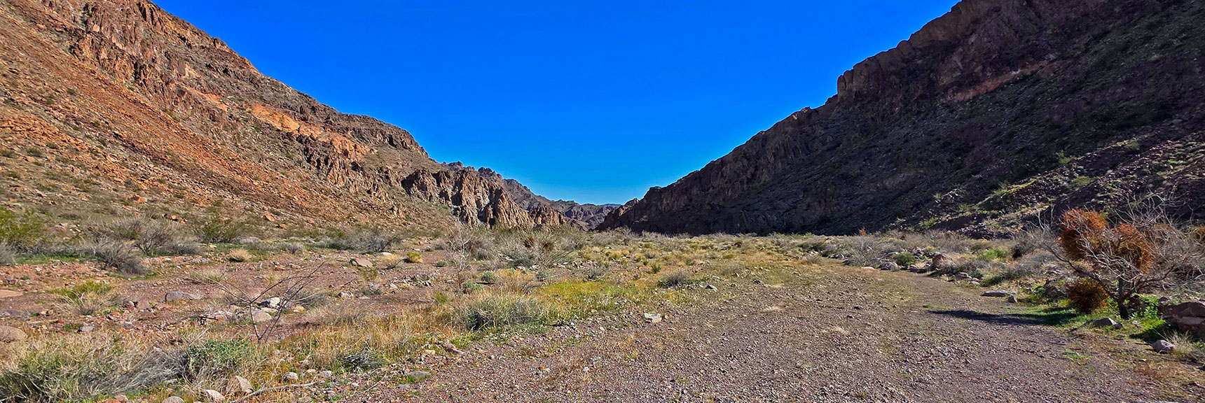 Peak 3320 Base (right); East End of Overlook Mesa Cliffs (left). | Lonesome Wash Upper Entrance | Eldorado Wilderness, Nevada