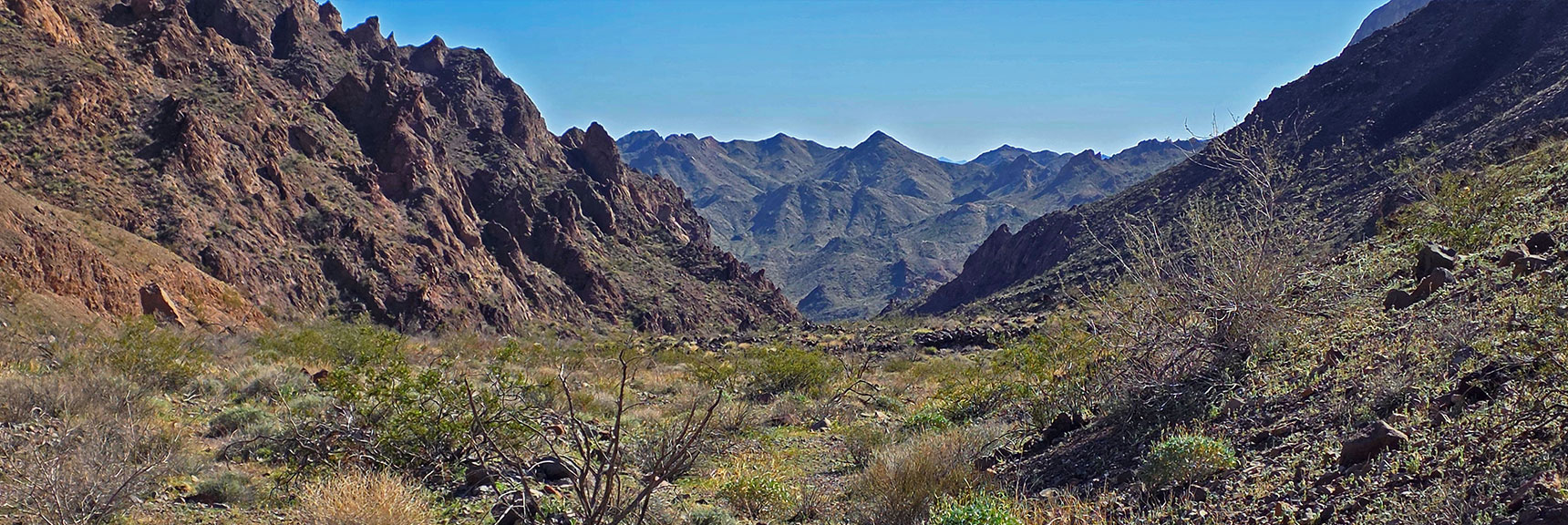 View Down Exit Wash Shows It's Wide, Gradual, Easy. | Lonesome Wash Upper Entrance | Eldorado Wilderness, Nevada