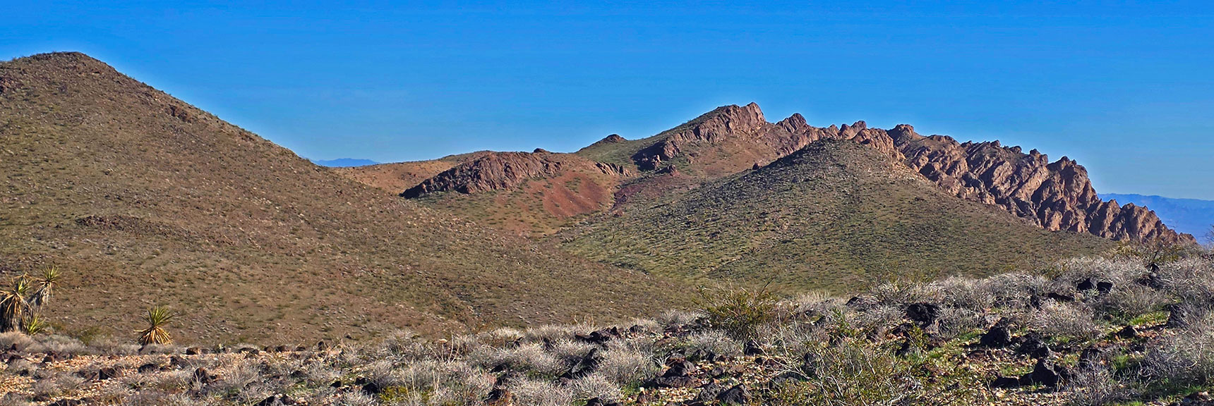 View Back from First Ridge to Hill Above Exit Wash. Mohave Overlook Behind. | Lonesome Wash Upper Entrance | Eldorado Wilderness, Nevada