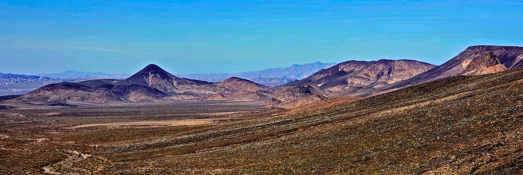 Pilot Mesa (far right) & Pilot Cone During Return | Lonesome Wash Upper Entrance | Eldorado Wilderness, Nevada