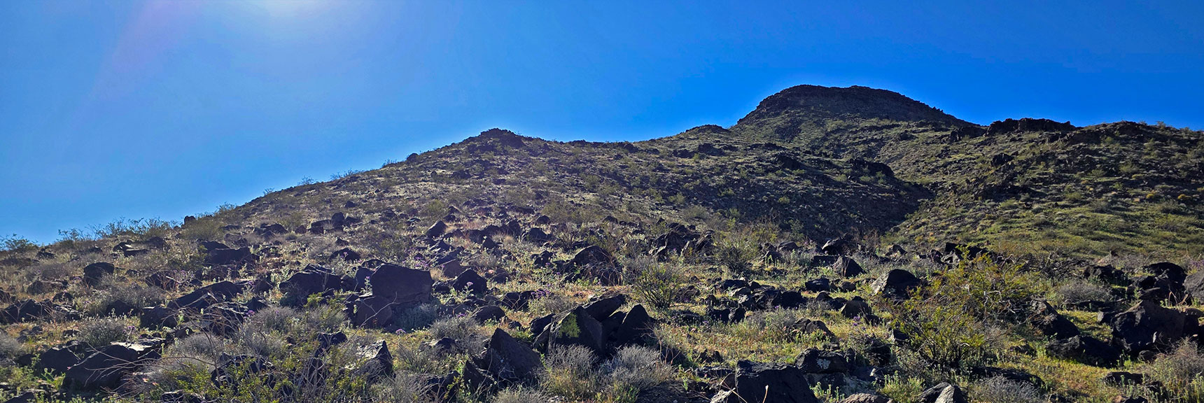 View Up N Approach Slope to Rocky Headwall of N Summit | Pilot Cone | Pilot Mesa | Peeper Benchmark | Eldorado Wilderness, Nevada