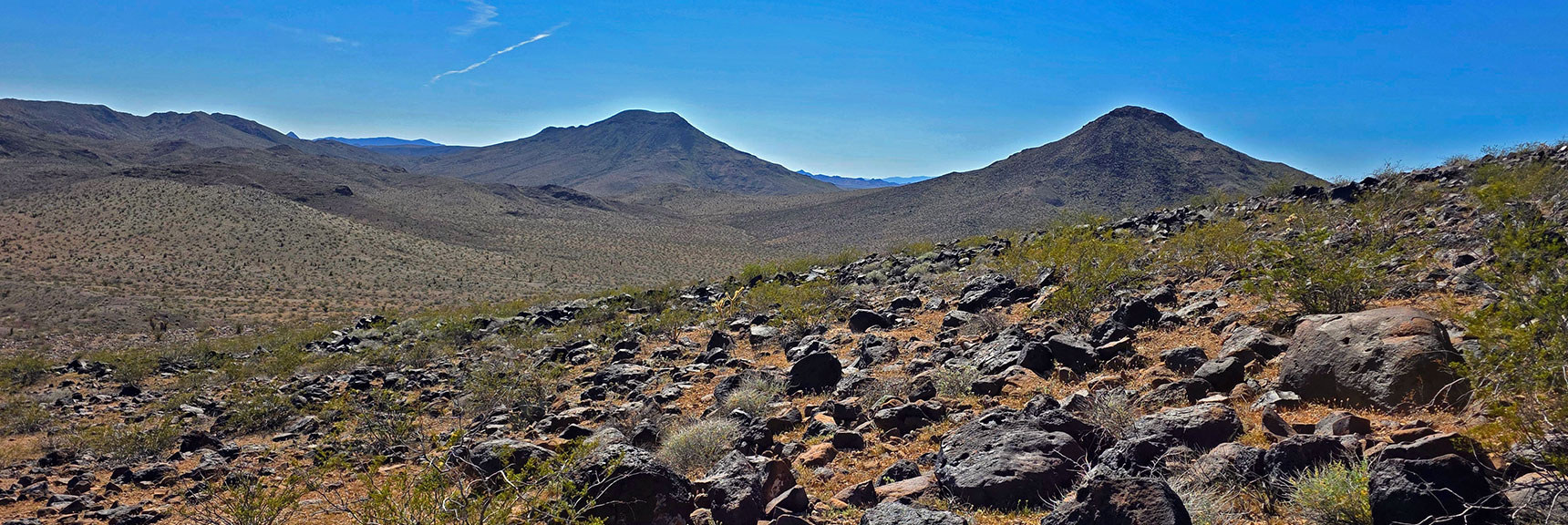 View Back to Midway Peak (right) and Peeper Benchmark (left) from Pilot SE Slope | Pilot Cone | Pilot Mesa | Peeper Benchmark | Eldorado Wilderness, Nevada