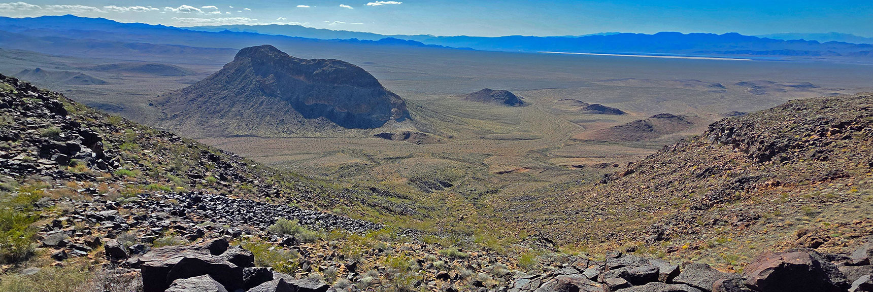 One Western Descent Gully Exists Midway Across Pilot Mesa Summit | Pilot Cone | Pilot Mesa | Peeper Benchmark | Eldorado Wilderness, Nevada