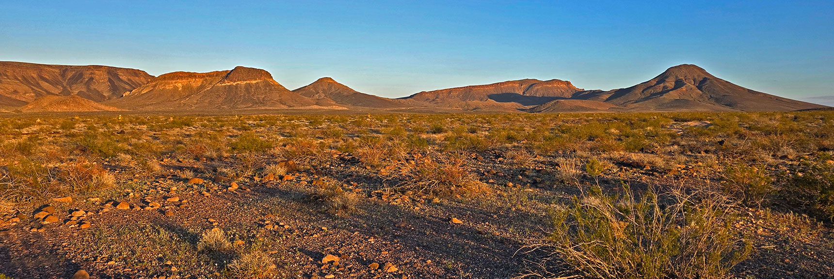 Sunset View (R>L): Peeper Benchmark, Forlorn Hope, Midway & Yucca Camp Peaks | Pilot Cone | Pilot Mesa | Peeper Benchmark | Eldorado Wilderness, Nevada