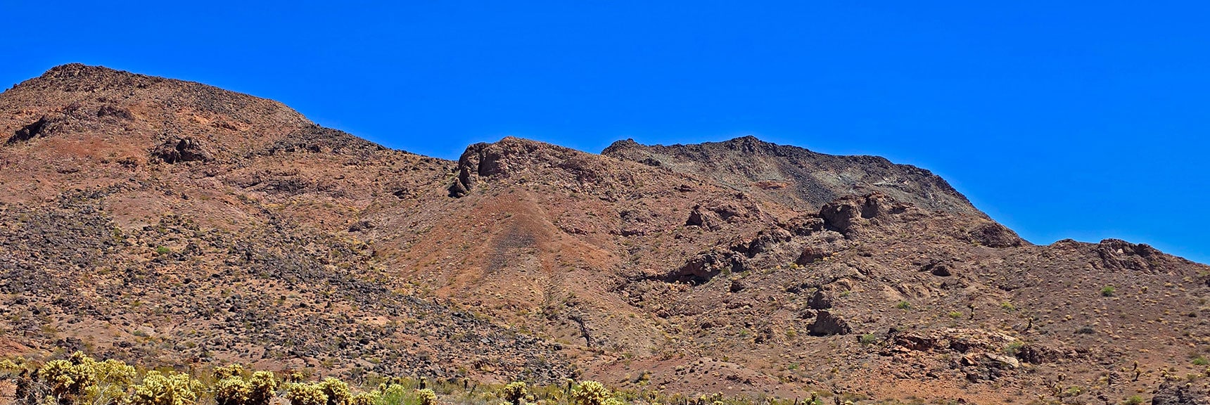 Base of West Ridge. Ascend Lower Gully (right), Then Left to Ridge Summit | Forlorn Hope Peak South and Peak 2720 West, Eldorado Wilderness, Nevada