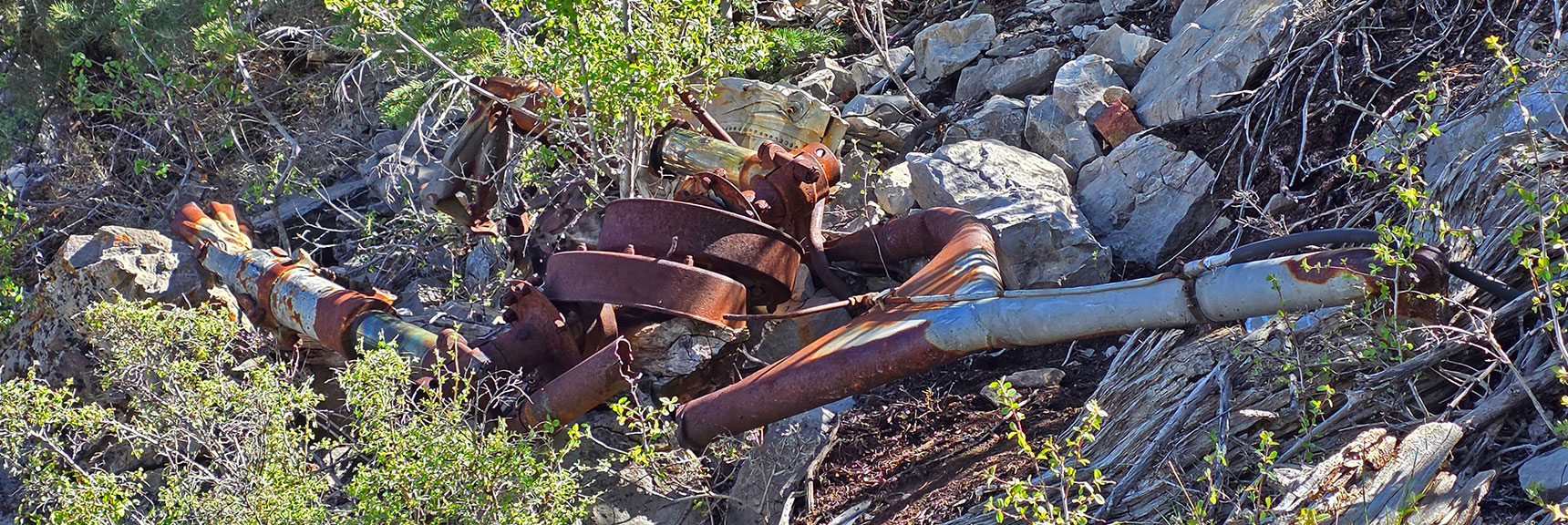More Scattered Debris in Gully. Upper Gully to Crash Site is Very Steep. | Carole Lombard Plane Crash Site | Potosi Mountain, Nevada