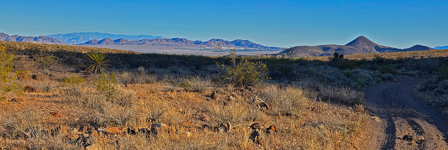 View Down Road F Toward Boulder City, River Mts. & Pilot Cone. | Peak 2720 aka Calicone Peak | Eldorado Wilderness, Nevada