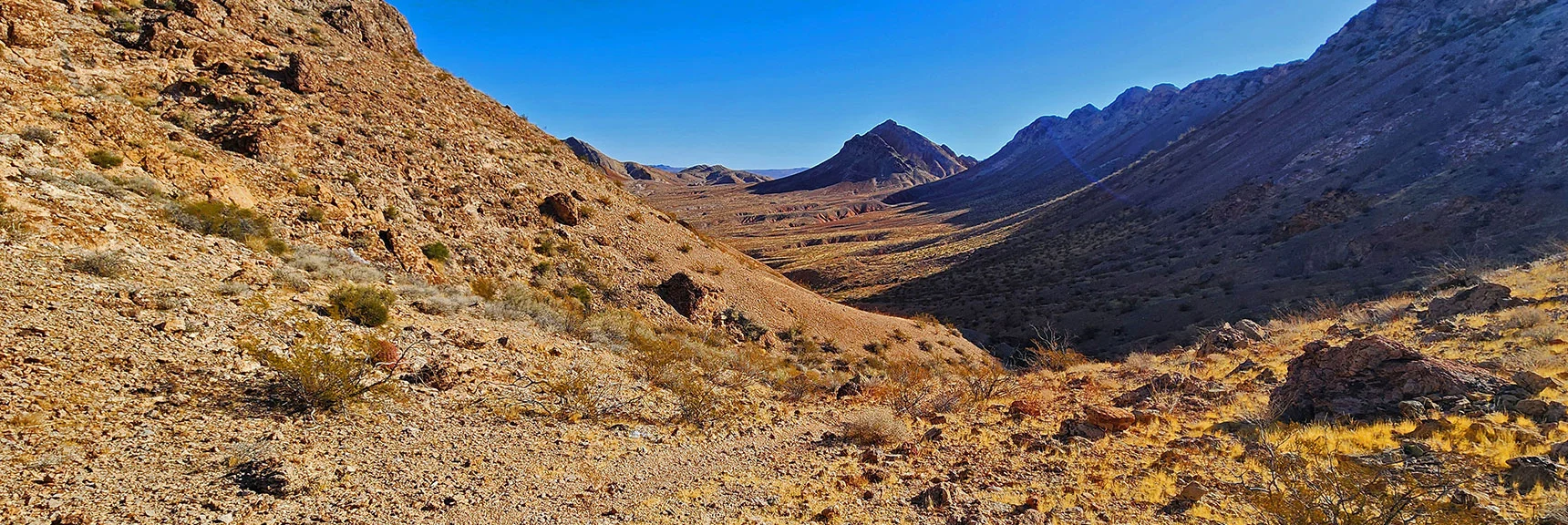 Heading Down from the Saddle into the Valley at the Base of Sunrise Mountain | Sunrise Mountain Near Lake Mead National Recreation Area | Las Vegas Metro & Surrounding Areas, Nevada