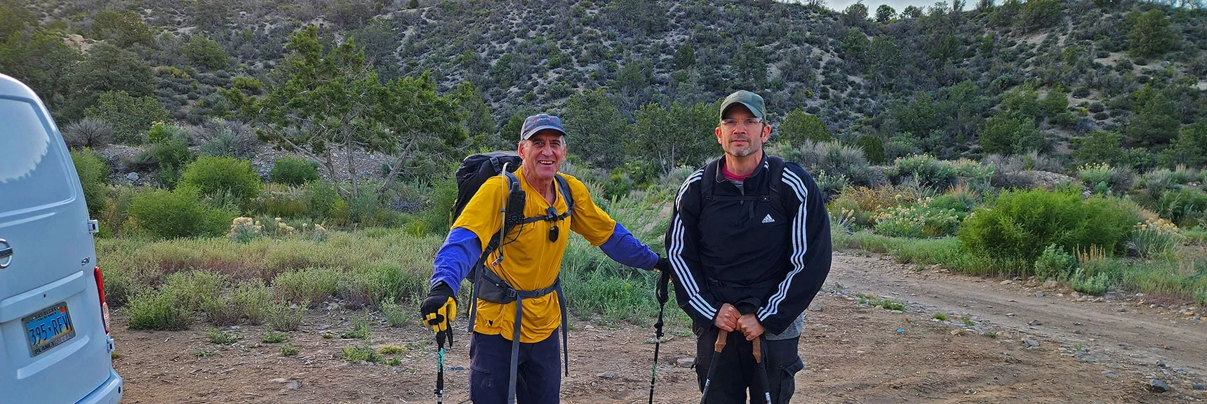 Climbing Partners Gregg & John Start with Me at Rocky Gap Rd. in Lovell Canyon | Bridge Mountain | Rainbow Mountain Wilderness, Nevada