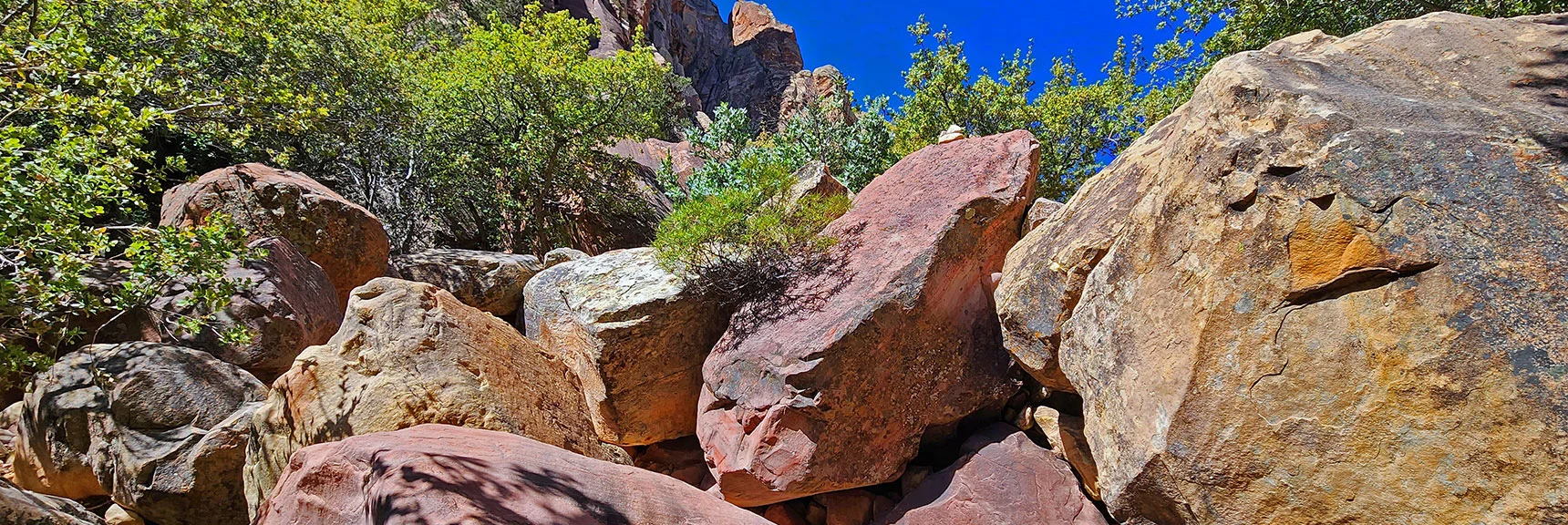 5th Stage: Navigate Boulder Stretch Through Narrow Opening of Juniper Canyon | Juniper Peak Summit | Rainbow Mountain Wilderness, Nevada | David Smith, LasVegasAreaTrails.com