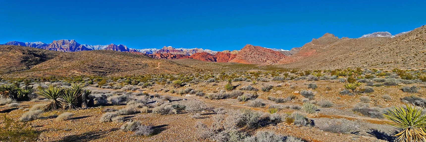 View of Calico Basin Lit By Morning Sun Earlier Today. Peak 3844 Hill (left). Powerline Rd. (center). | Brownstone Trail | Calico Basin | Brownstone Basin | La Madre Mountains Wilderness, Nevada