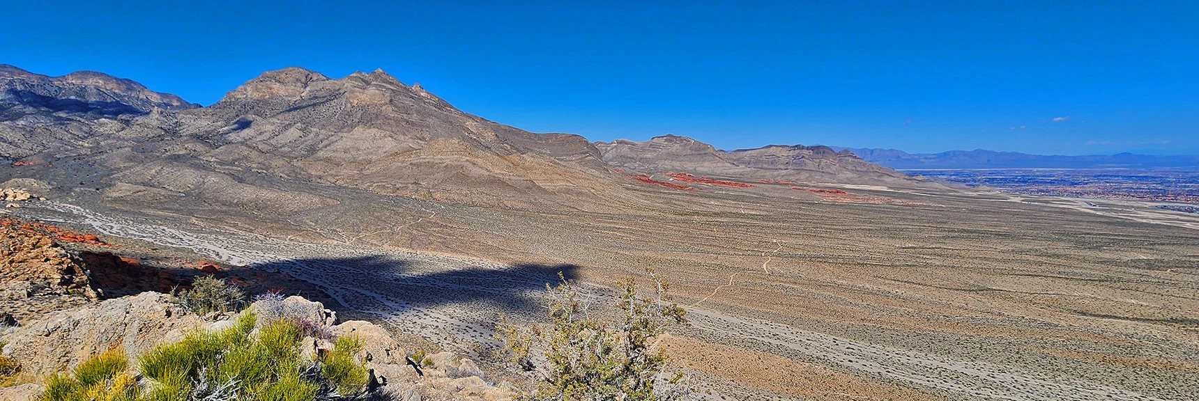 Look Carefully to See Trail to Little Red Rock Area. | Gray Cap Ridge Southeast Summit | La Madre Mountains Wilderness, Nevada