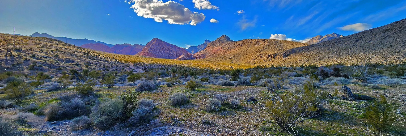 View Back Across Calico Basin as Approaching Peak 3844 Hill. Kraft Mt. Center, Gray Cap Ridge Right. | Gray Cap Ridge / Brownstone Basin Loop | La Madre Mountains Wilderness, Nevada