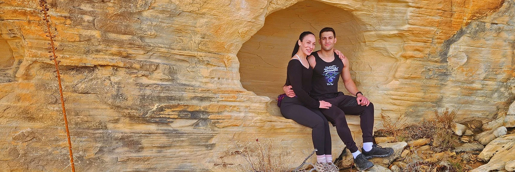 Matthew & Olivia Find a Natural Photo Op Setting Along Cliff Base. | Red Cap Peak Summit | Red Rock Canyon NCA, Nevada