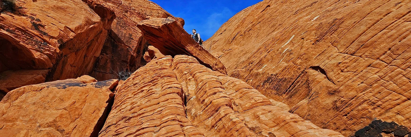 This Was an Easy Ascent. Walk Up Honeycomb Ramp on Right, Hold Wall for Stability. | Red Cap Peak Summit | Red Rock Canyon NCA, Nevada