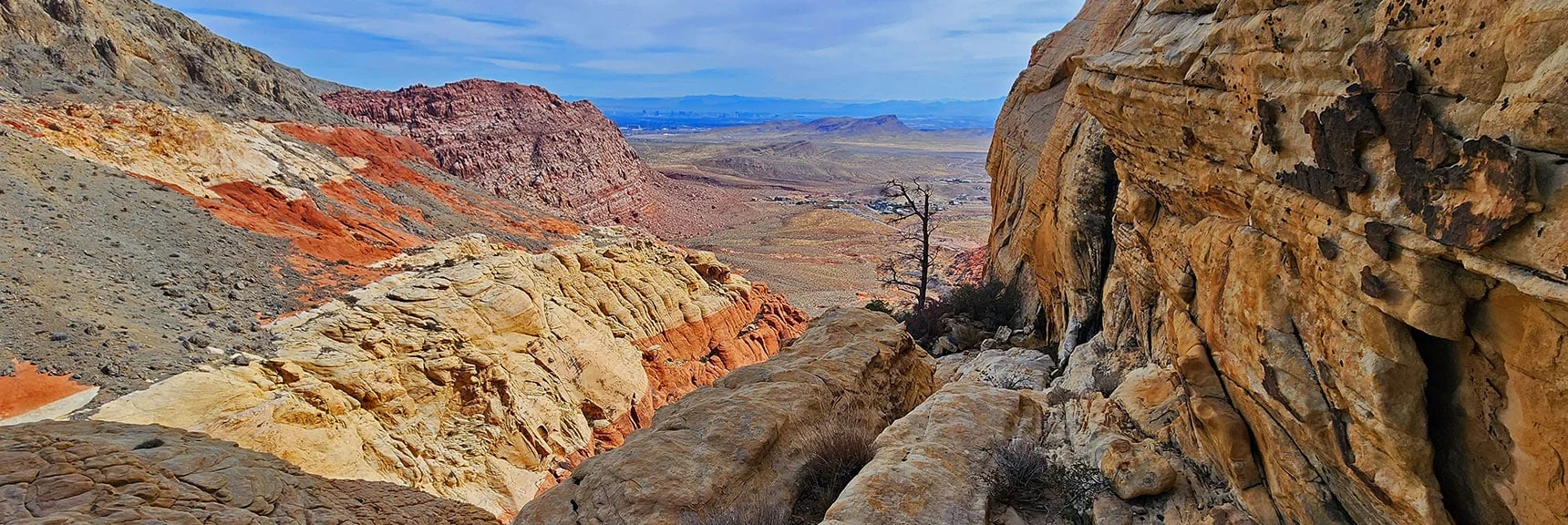 View Down the Ascent Ramp Toward Calico Basin. Kraft Mt. (pink rock) Visible on Left. | Red Cap Peak Summit | Red Rock Canyon NCA, Nevada