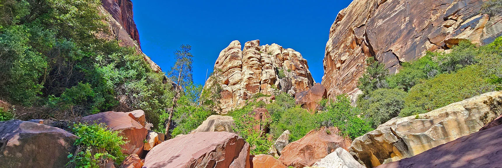 Clearing Mescalito Pyramid (on right). Brush, Boulders and Creek to Navigate. | Rainbow Mt via Pine Creek & Oak Creek Canyons, Nevada