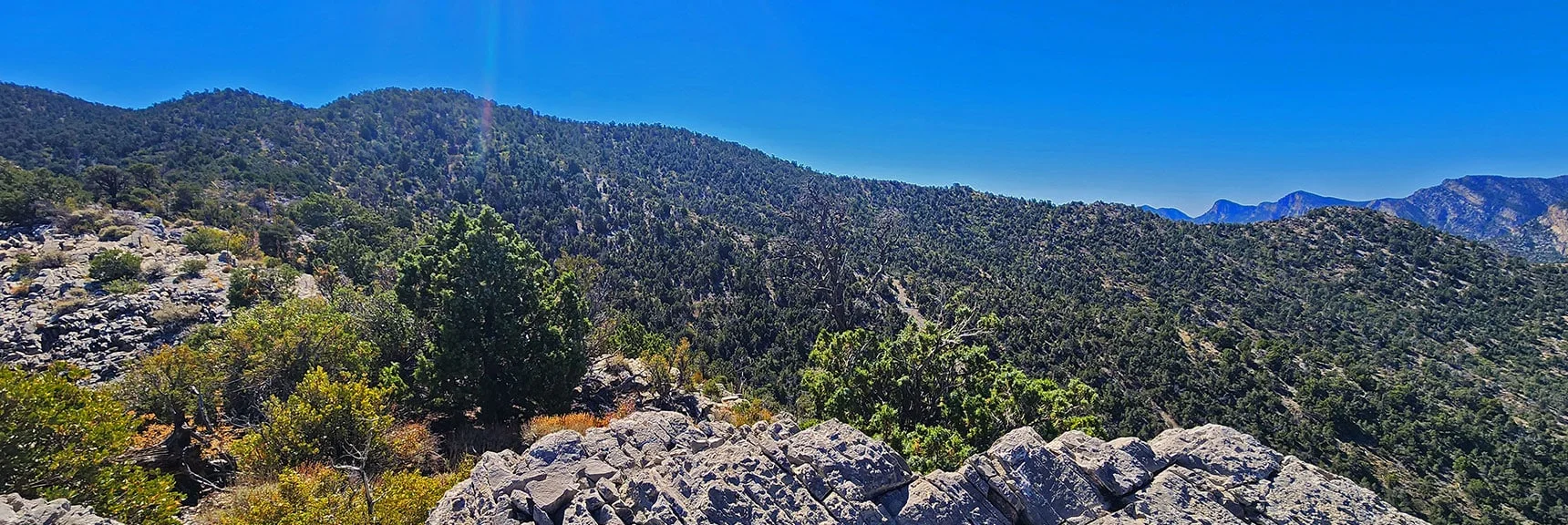 Low Point on La Madre Ridgeline (right) Will Be Descent Point to Red Rock | La Madre Ridgeline Grand Crossing | La Madre Mountains Wilderness and Red Rock Canyon NCA, Nevada