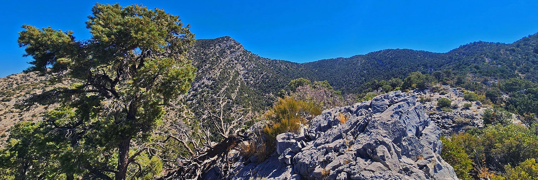 First of 3 Limestone Formations on Approach Ridge. El Bastardo to Left. | La Madre Ridgeline Grand Crossing | La Madre Mountains Wilderness and Red Rock Canyon NCA, Nevada