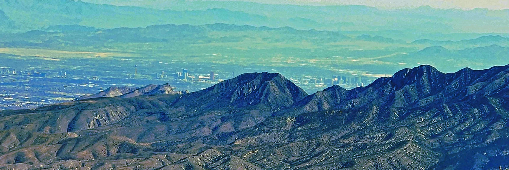 Las Vegas Strip Visible Beyond La Madre Mts. | Mummy's Chin Summit Ridge Loop | Mt. Charleston Wilderness, Nevada