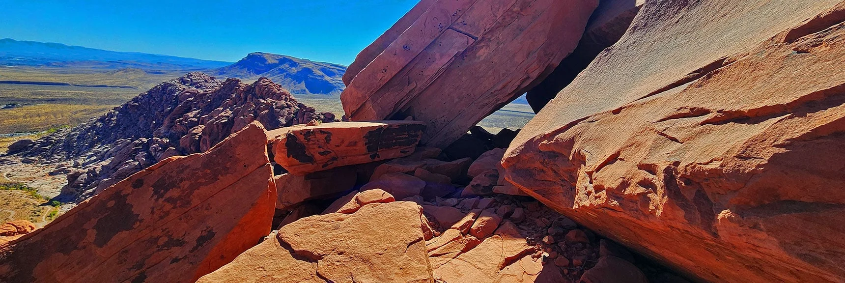 Passed Under Boulder to Continue Along Cliff Base to Calico Tanks | Calico Tanks from Guardian Angel Pass | Red Rock Canyon NCA, Nevada
