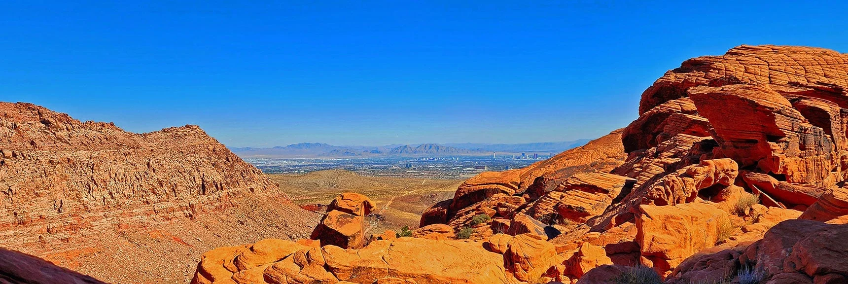 1st Gully to Left Has Barrier Dropoff. 2nd Gully Possible. 3rd Gully is Ash Canyon | Calico Tanks from Guardian Angel Pass | Red Rock Canyon NCA, Nevada