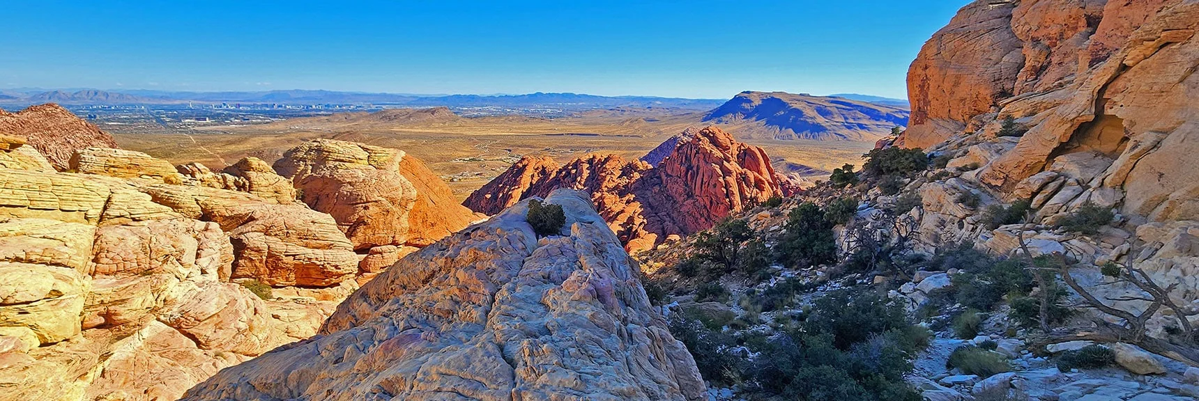 Arrival on Viewpoint Above Calico Tanks. View Back Across Ascent Route. | Calico Tanks from Guardian Angel Pass | Red Rock Canyon NCA, Nevada
