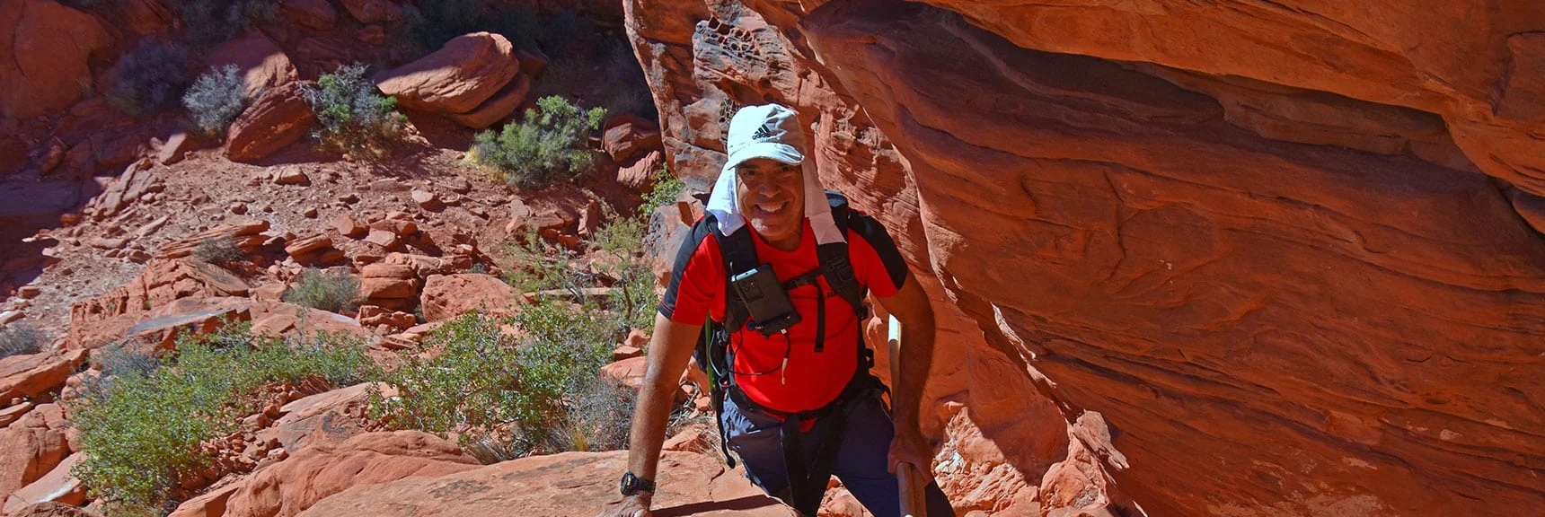 View Down to Summit Stone While Ascending Gully Toward Calico Tanks | Calico Tanks from Guardian Angel Pass | Red Rock Canyon NCA, Nevada