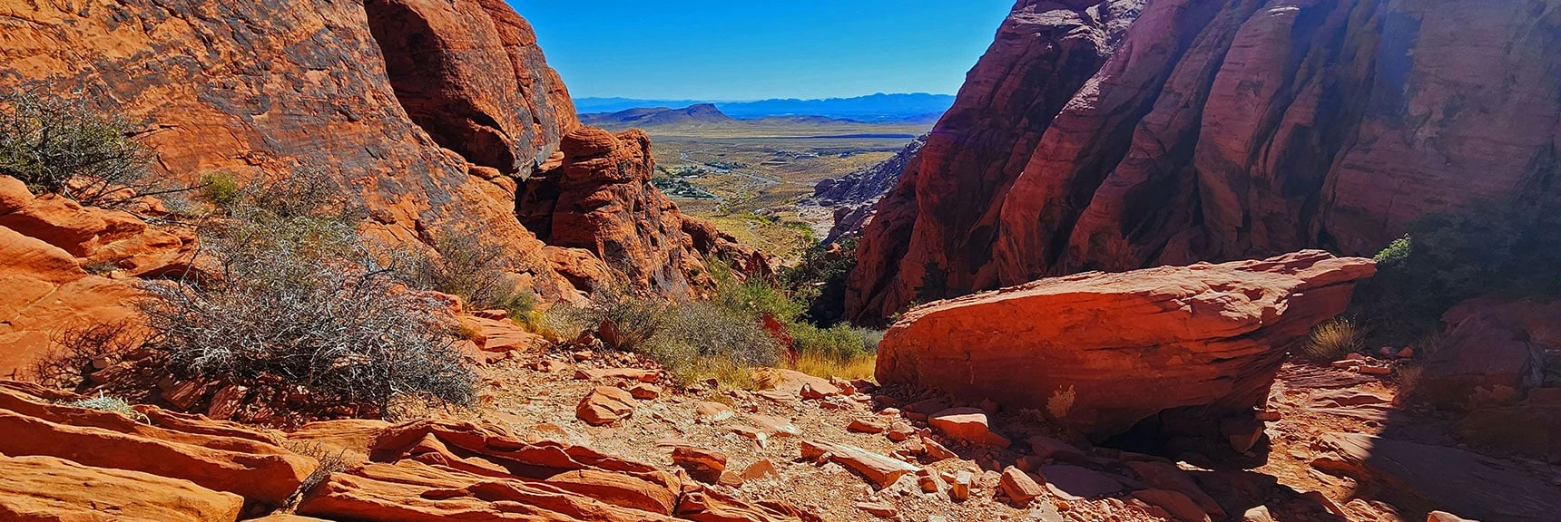 View Down to Calico Basin from Guardian Angel Pass Summit Stone. | Calico Tanks from Guardian Angel Pass | Red Rock Canyon NCA, Nevada