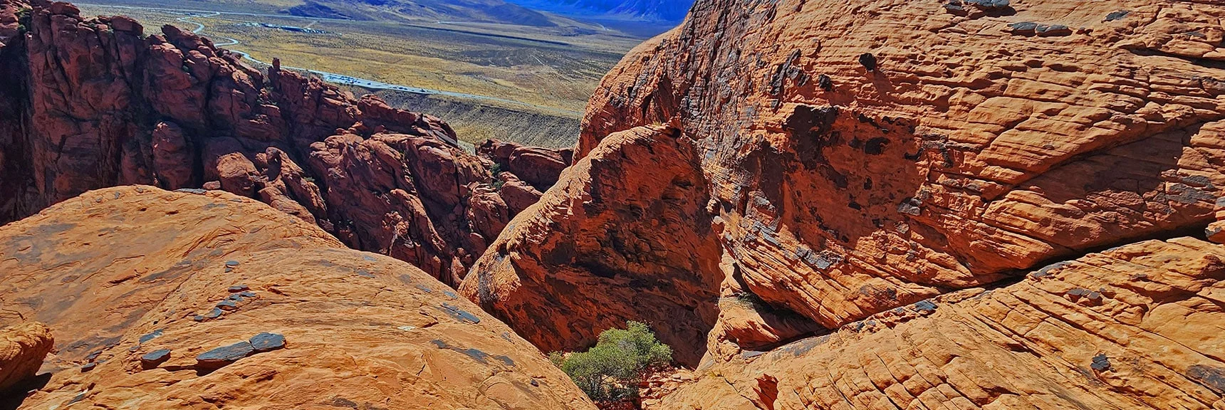 View from Ledge Down Upper End of Ascent Gully | Calico Tanks from Guardian Angel Pass | Red Rock Canyon NCA, Nevada