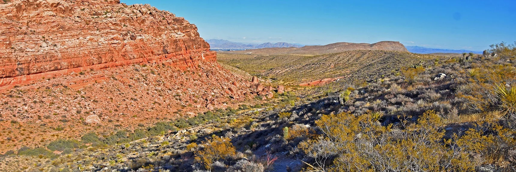 Lower South End of Calico Hills Ahead. Circle to Left Around Base Below | Calico Tanks from Guardian Angel Pass | Red Rock Canyon NCA, Nevada