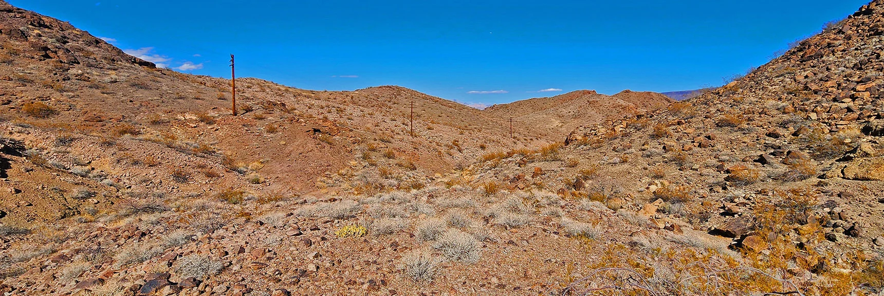 View Down Powerlines to Where They Cross Ridge, Then Goldstrike Canyon | Black Canyon Overlook Loop | Lake Mead NRA, Nevada