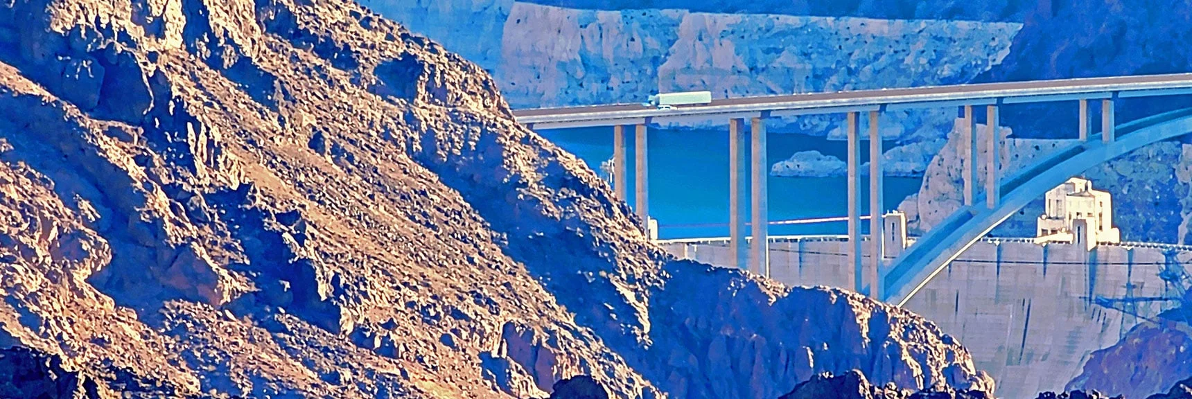 Hoover Dam Visible as Road Winds Upward Toward the Overlook | Black Canyon Overlook Loop | Lake Mead NRA, Nevada