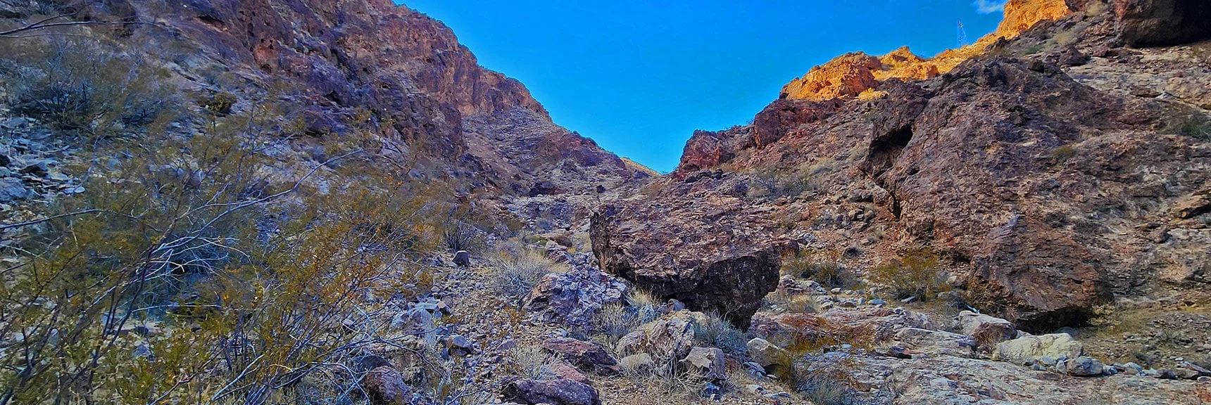 Ascending Final Canyon Toward Goldstrike Pass Rd. Peak 2420 on Left | Black Canyon Overlook Loop | Lake Mead NRA, Nevada
