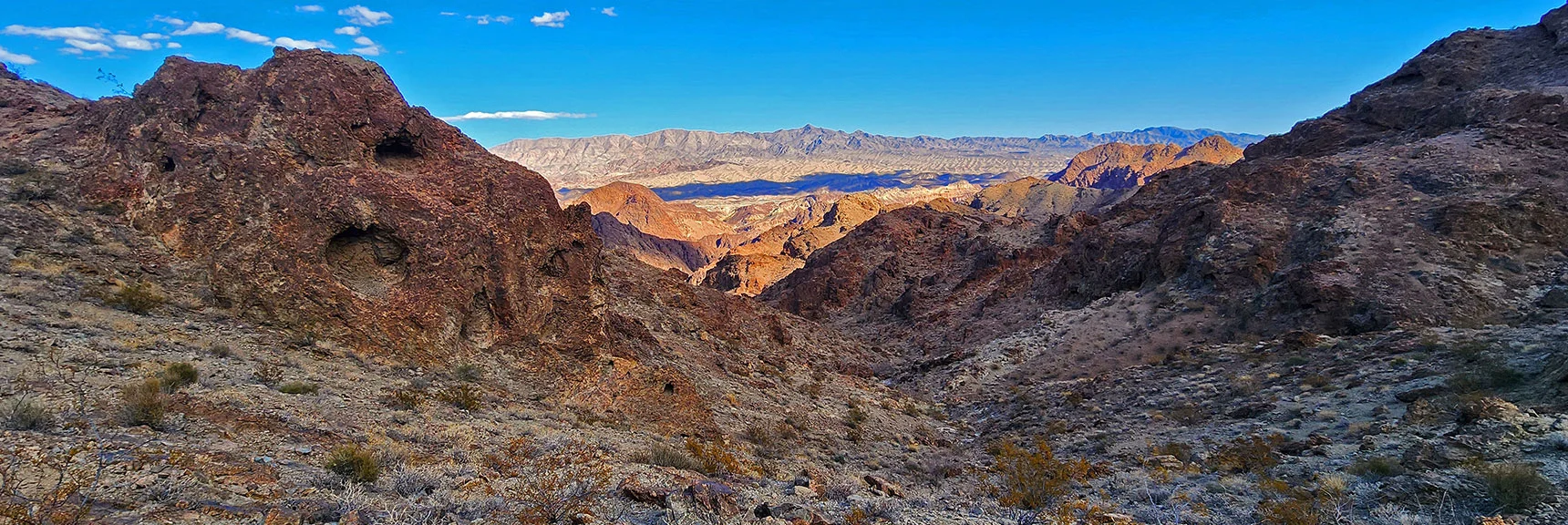 View Back Down Canyon Just Ascended. AZ Mt. Wilson on Horizon | Black Canyon Overlook Loop | Lake Mead NRA, Nevada